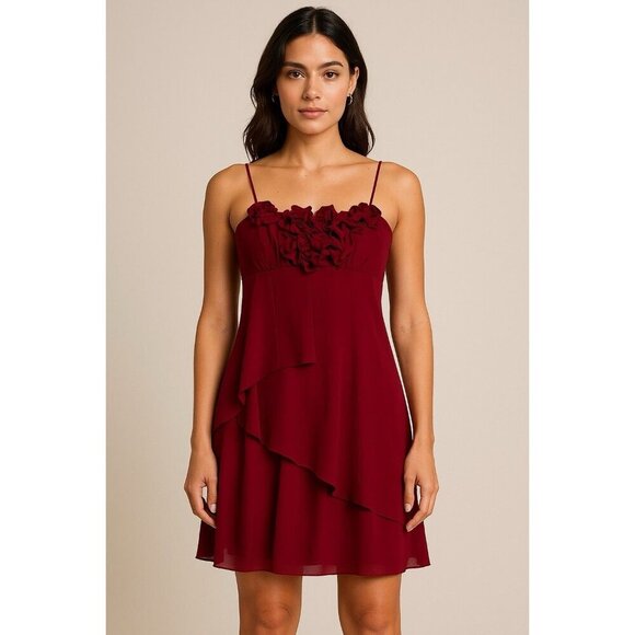 Aidan Mattox 100% Silk Red Burgundy Floral Chiffon Mini Dress Spaghetti Strap 6